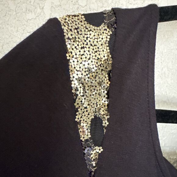 Fitted Black Gold Party Mini Dress Scoop Neck 3/4 Sleeve Sequin Stretch Size S - Picture 5 of 12